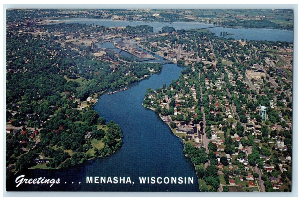 c1970's Greetings From Menasha Wisconsin WI, Aerial View Vintage Postcard