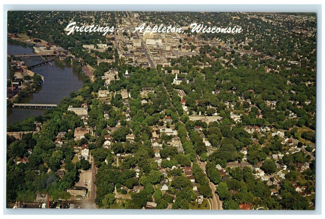 Greetings From Appleton Wisconsin WI, Aerial View Showing College Ave. Postcard