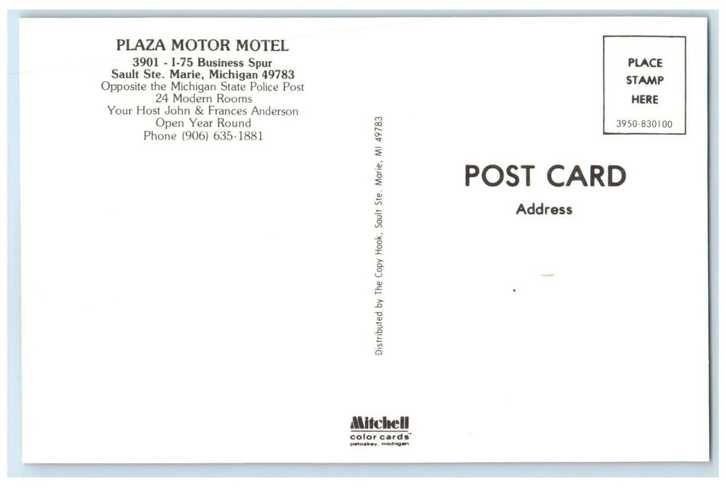 c1970's Plaza Motor Motel Cars Roadside Sault Ste. Marie Michigan MI Postcard