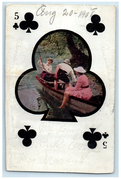1908 Woman Boating Playing Card Gambling McHenry Illinois IL Antique Postcard