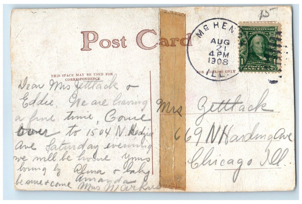 1908 Woman Boating Playing Card Gambling McHenry Illinois IL Antique Postcard