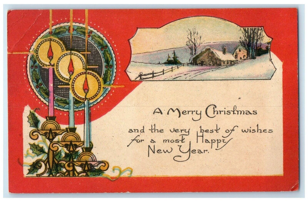 c1930's Merry Christmas And New Year Candle Lights House Winter Antique Postcard