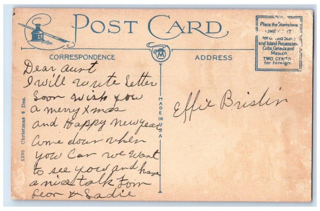 c1930's Merry Christmas And New Year Candle Lights House Winter Antique Postcard