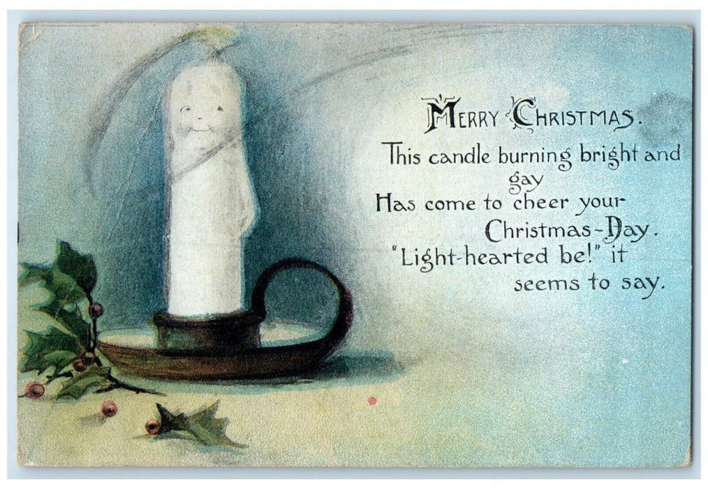 1915 Merry Christmas Candle Light Holly Berries Randolph WV Antique Postcard