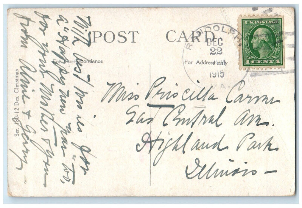 1915 Merry Christmas Candle Light Holly Berries Randolph WV Antique Postcard
