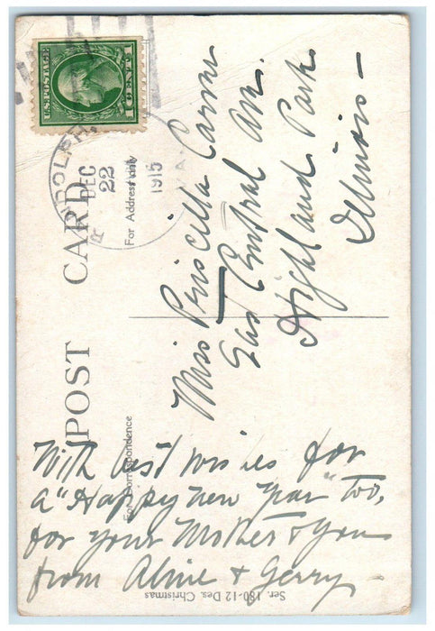 1915 Merry Christmas Candle Light Holly Berries Randolph WV Antique Postcard