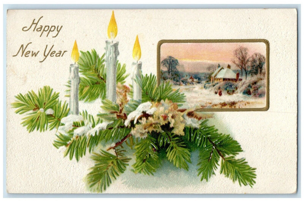 1910 New Year Candle Lights Pine Leaf Winter Nash Embossed Antique Postcard