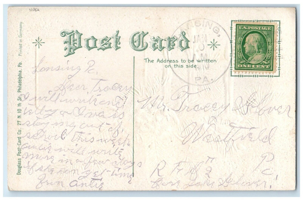 1910 New Year Candle Lights Pine Leaf Winter Nash Embossed Antique Postcard