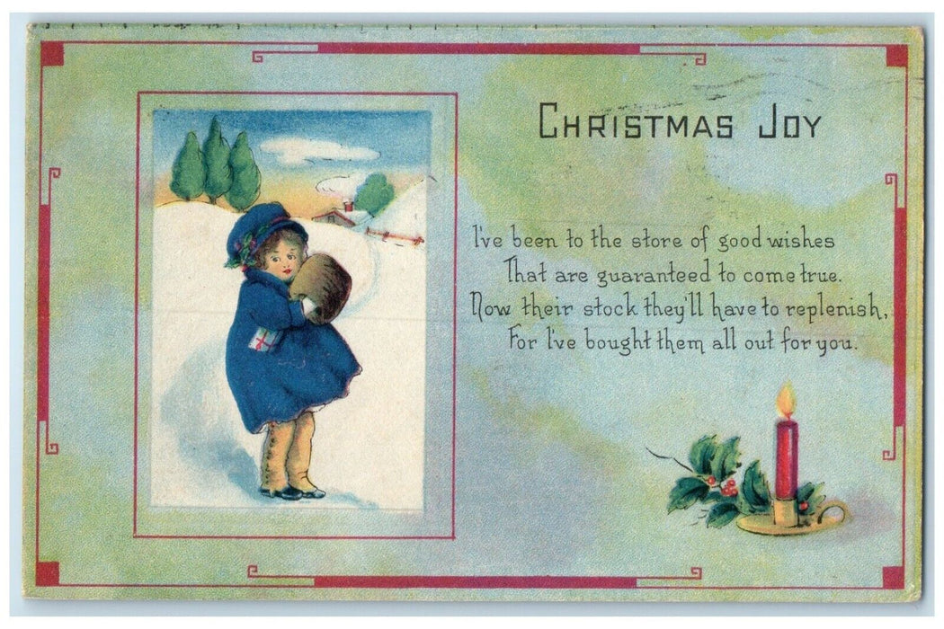 c1910's Christmas Joy Girl Handwarmer In Winter Berries Candle Light Postcard