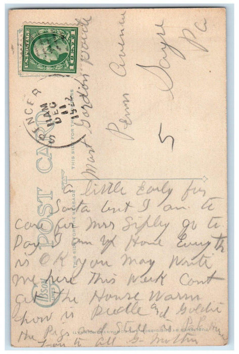 1922 Christmas Santa Claus In Chimney Winter Holly Berries Spencer PA Postcard