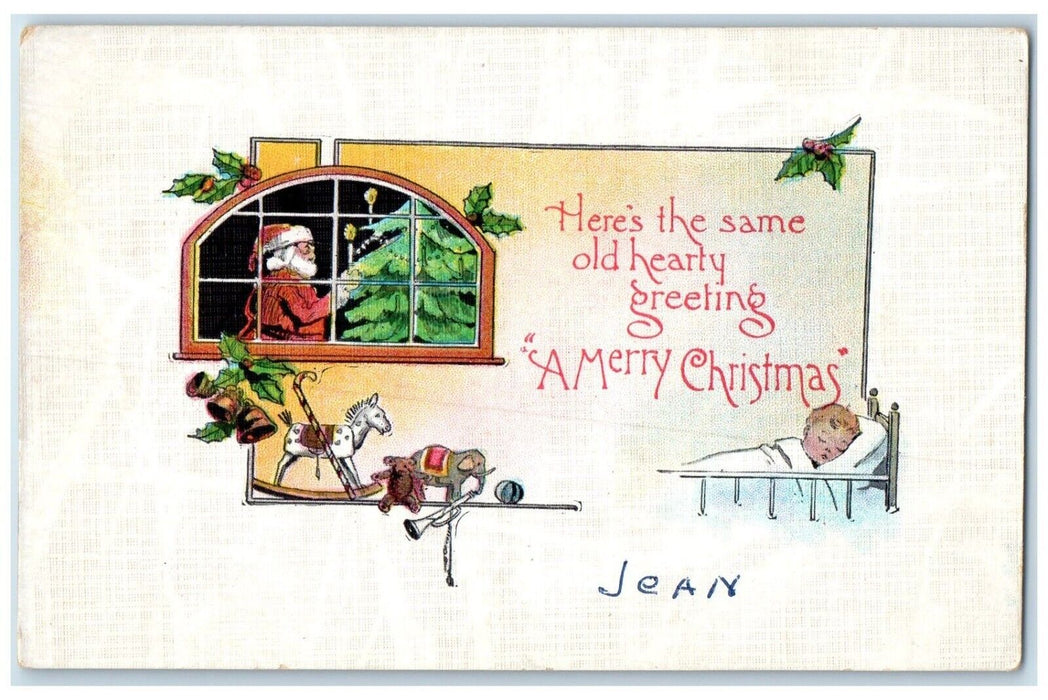 c1930's Merry Christmas Santa Claus On Window Toys Ringing Bell Vintage Postcard
