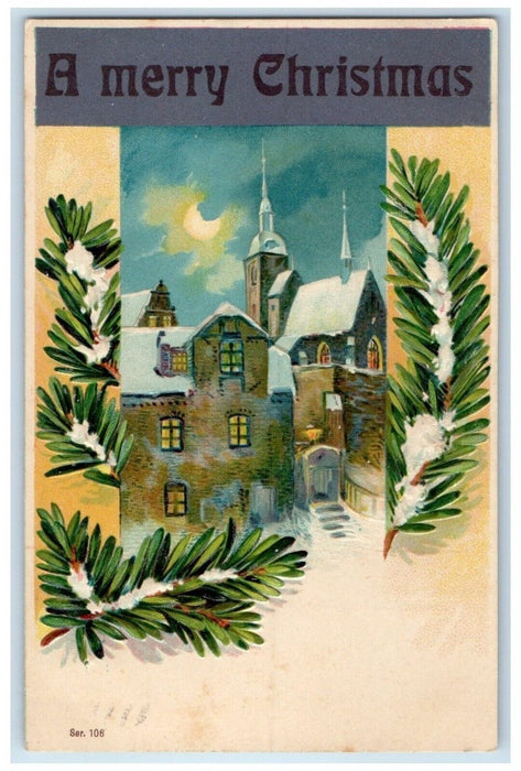 1908 Christmas Pine Leaf House Church Winter Earlville New York NY Postcard