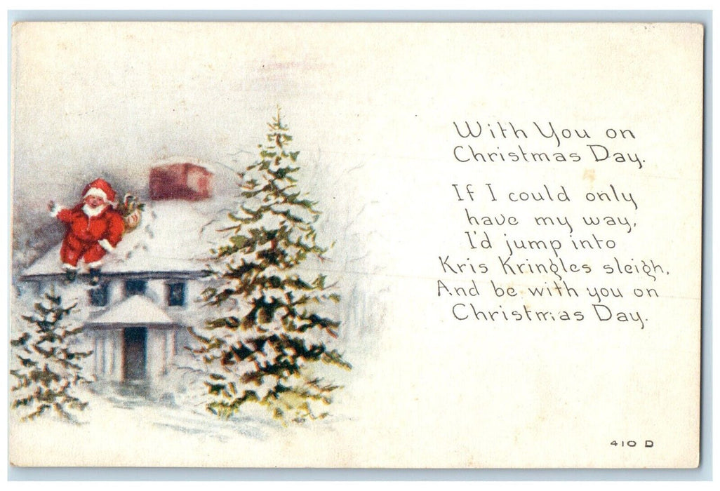Christmas Santa Claus On The Roof House Winter Pine Trees Antique Postcard
