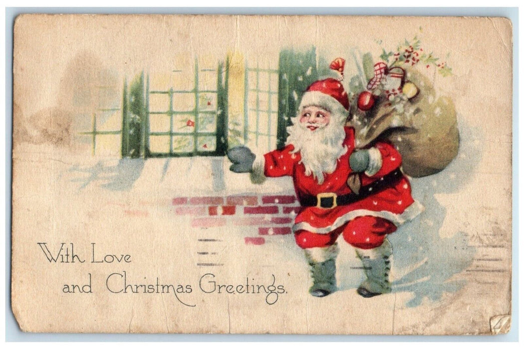 1923 Christmas Greetings Santa Claus Sack Of Toys On Window Gibson Postcard