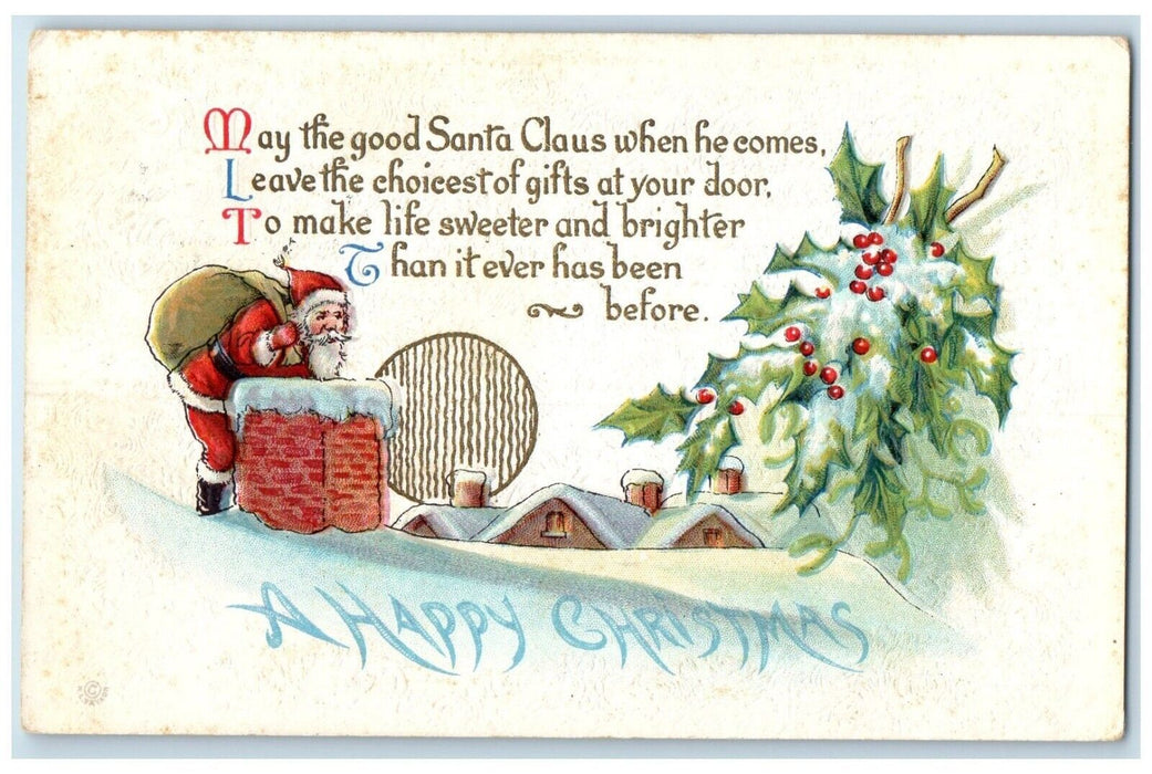 1917 Christmas Santa Claus Sack Of Toys Chimney Holly Berries Winter Postcard