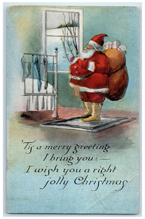 c1910's Christmas Santa Claus On Window Sack Of Toys Hanging Stockings Postcard