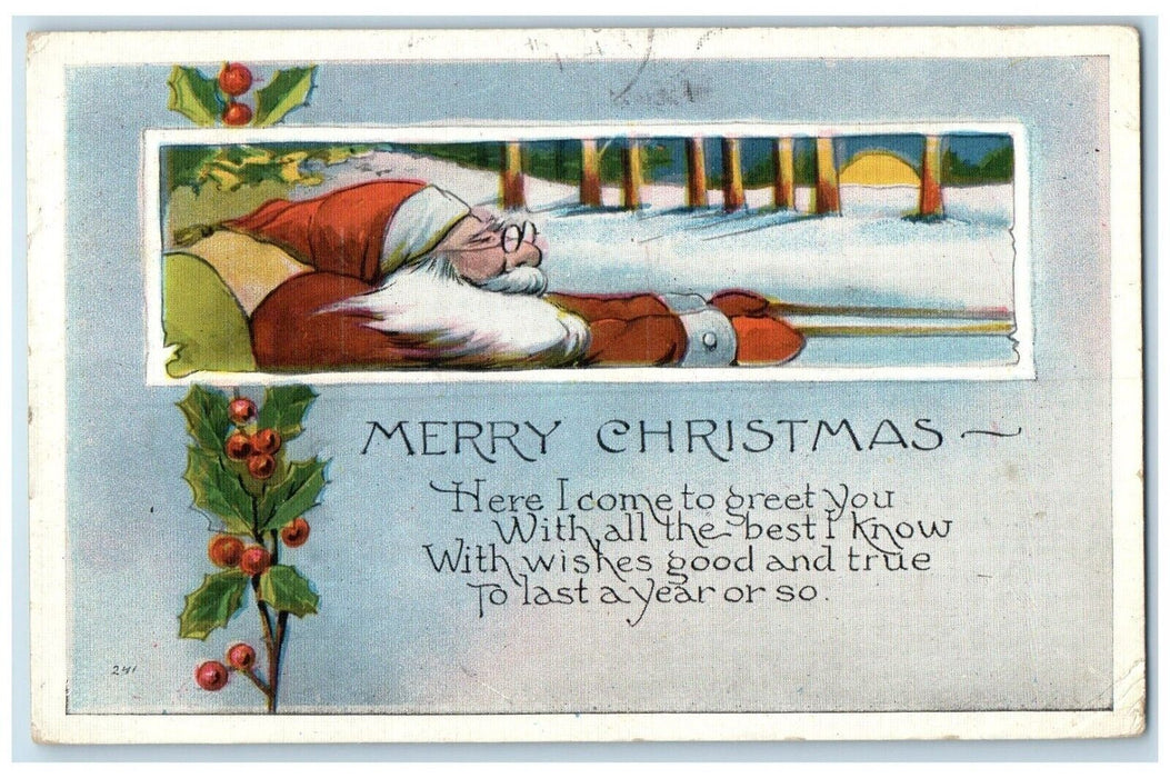 1921 Christmas Santa Claus Holly Berries Winter Ithaca New York NY Postcard