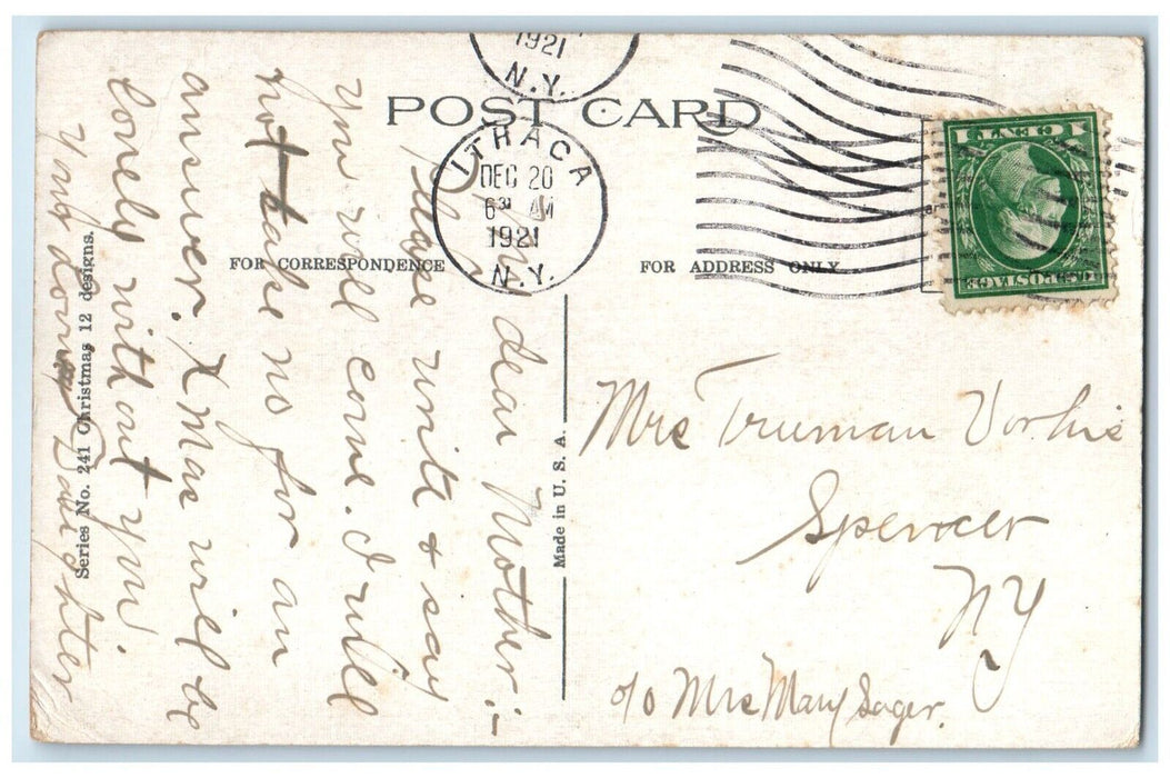 1921 Christmas Santa Claus Holly Berries Winter Ithaca New York NY Postcard
