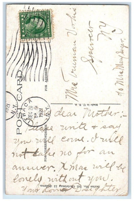 1921 Christmas Santa Claus Holly Berries Winter Ithaca New York NY Postcard