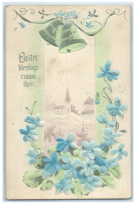 1917 Easter Blessings Pansies Flowers Ringing Bells Embossed Sayre PA Postcard