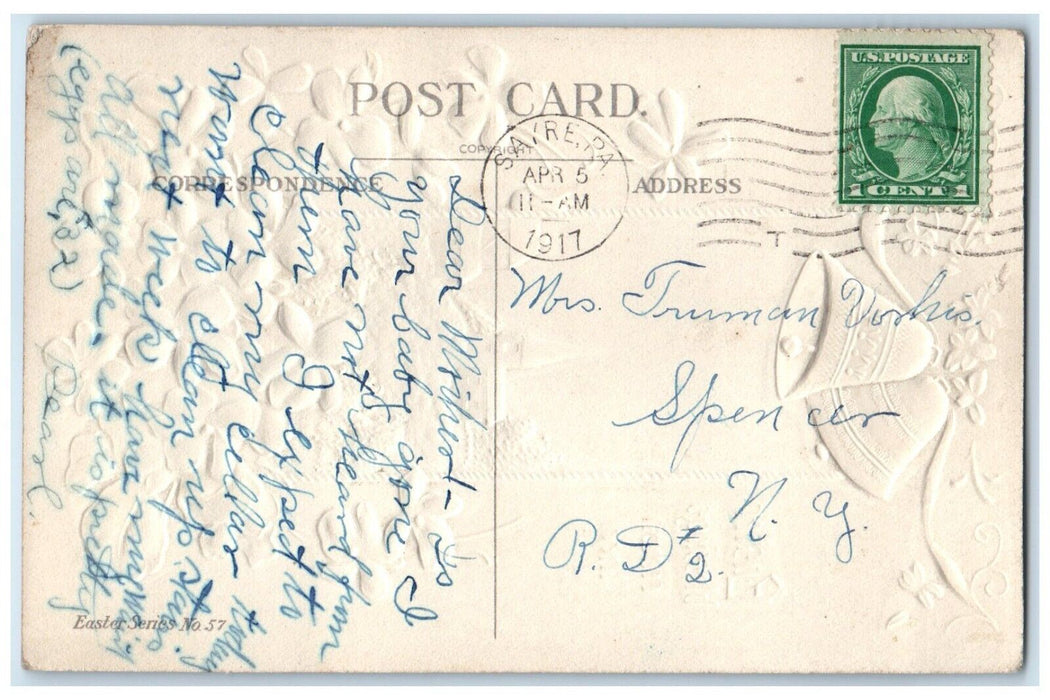 1917 Easter Blessings Pansies Flowers Ringing Bells Embossed Sayre PA Postcard