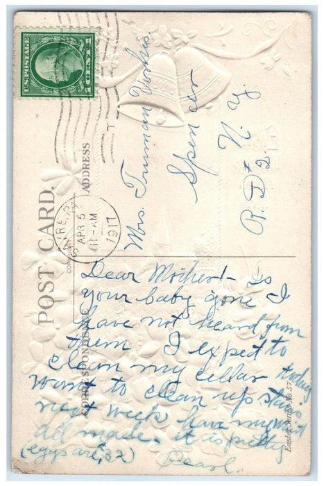 1917 Easter Blessings Pansies Flowers Ringing Bells Embossed Sayre PA Postcard