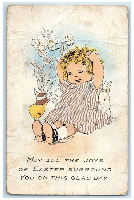 1916 Easter Little Girl Bunny Rabbit Chick Lilies Flowers Embossed Postcard
