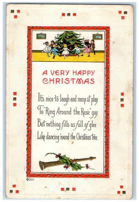 1914 Christmas Tree Message Holly Berries Children Playing Embossed Postcard