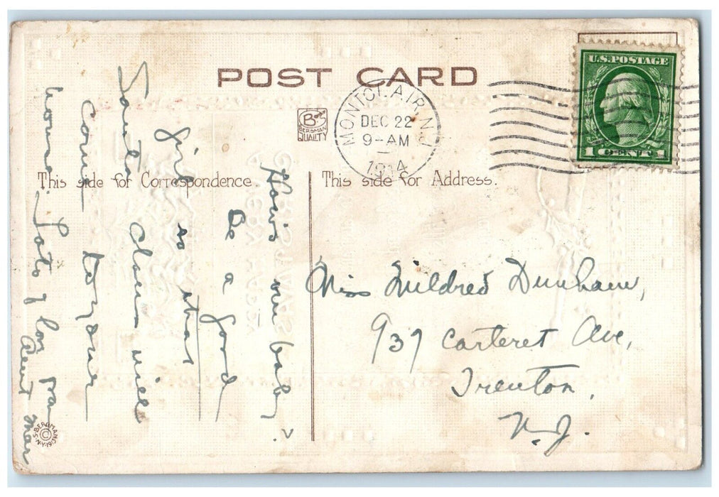 1914 Christmas Tree Message Holly Berries Children Playing Embossed Postcard