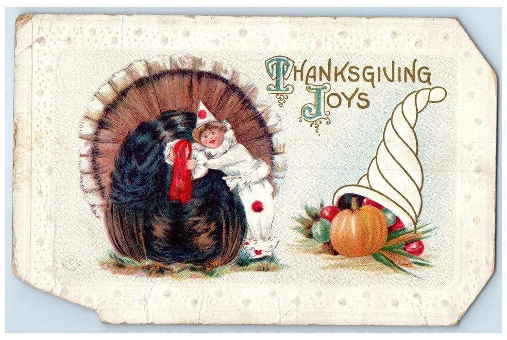 c1910's Thanksgiving Joys Turkey Boy Clown Jester Cornucopia Embossed Postcard