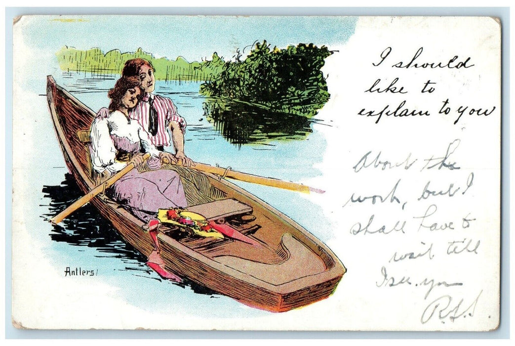 1906 Sweet Couple Romance Boating Antlers Canton Liberty PA Antique Postcard