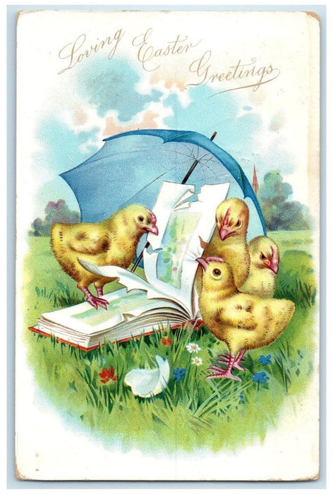 1907 Easter Greetings Chicks Hatched Egg Umbrella Daisy Flowers Tuck's Postcard