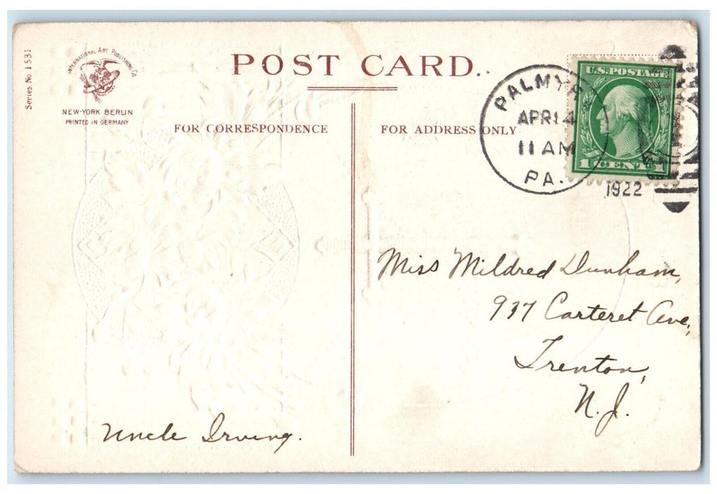 1922 Easter Holy Cross Egg White Flowers Embossed Clapsaddle Palmyra PA Postcard
