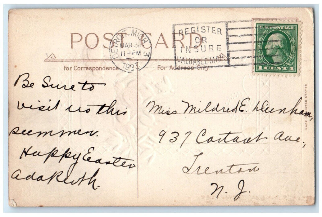1923 Easter Greeting Chicks Lilies Flowers Vase Embossed Detroit MI Postcard