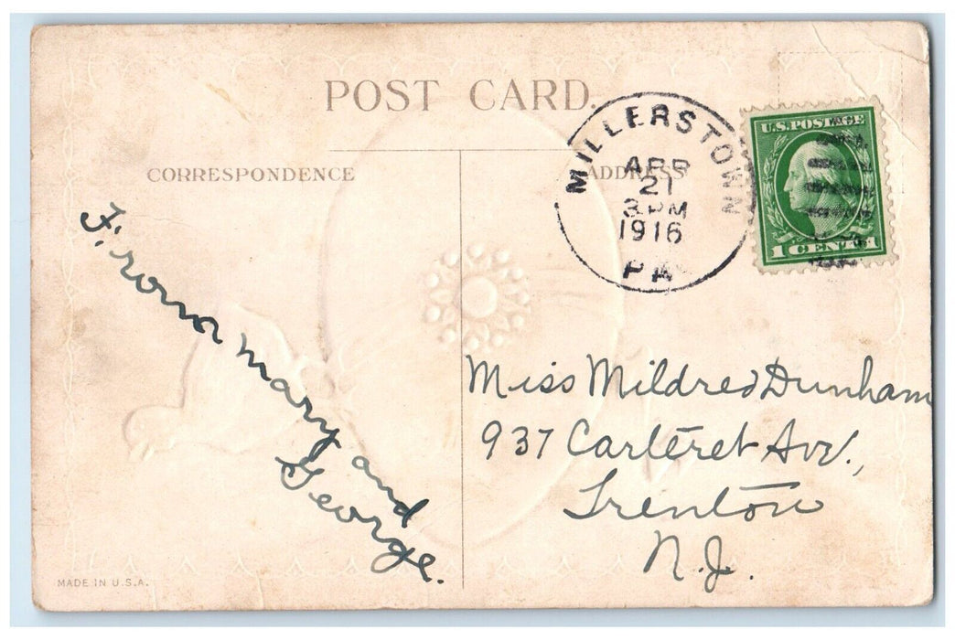 1916 Easter Chick On Top Of Eggs Embossed Millerstown Pennsylvania PA Postcard