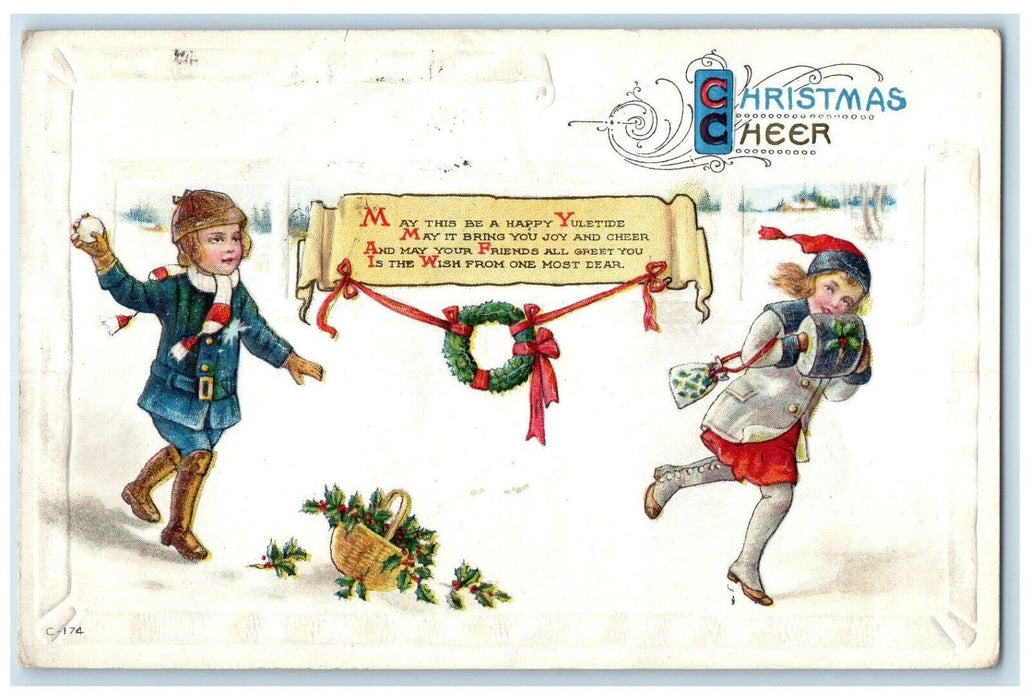 Christmas Children Snowball Fighting Handwarmer Holly Berries Embossed Postcard