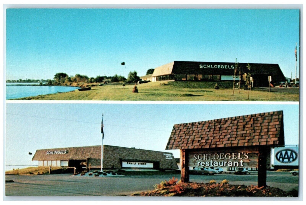 Schloegel's Restaurant Overlooking Grene Bay Menominee MI Dual View Postcard