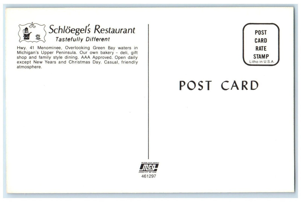 Schloegel's Restaurant Overlooking Grene Bay Menominee MI Dual View Postcard