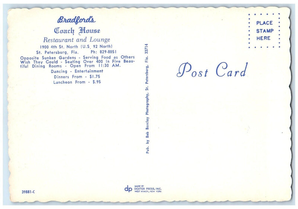 Bradford's Coach House Restaurant And Lounge Interior St. Petersburg FL Postcard