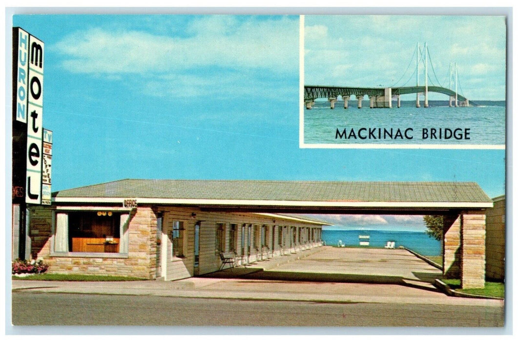c1970's Huron Motel Mackinac Bridge Mackinaw City Michigan MI Dual View Postcard