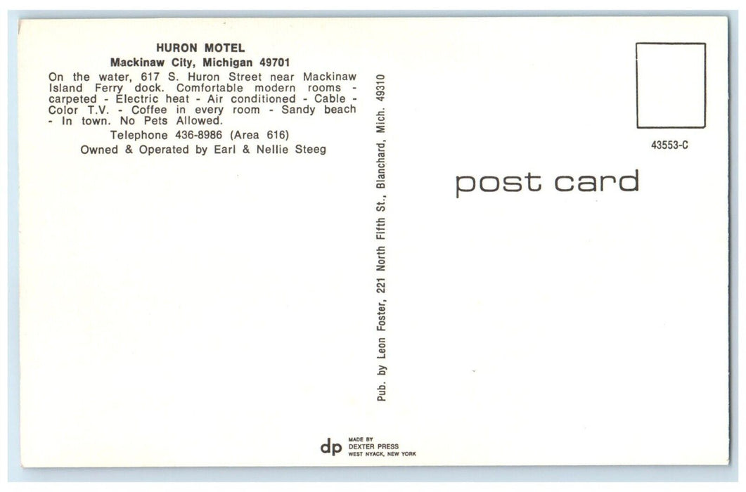 c1970's Huron Motel Mackinac Bridge Mackinaw City Michigan MI Dual View Postcard
