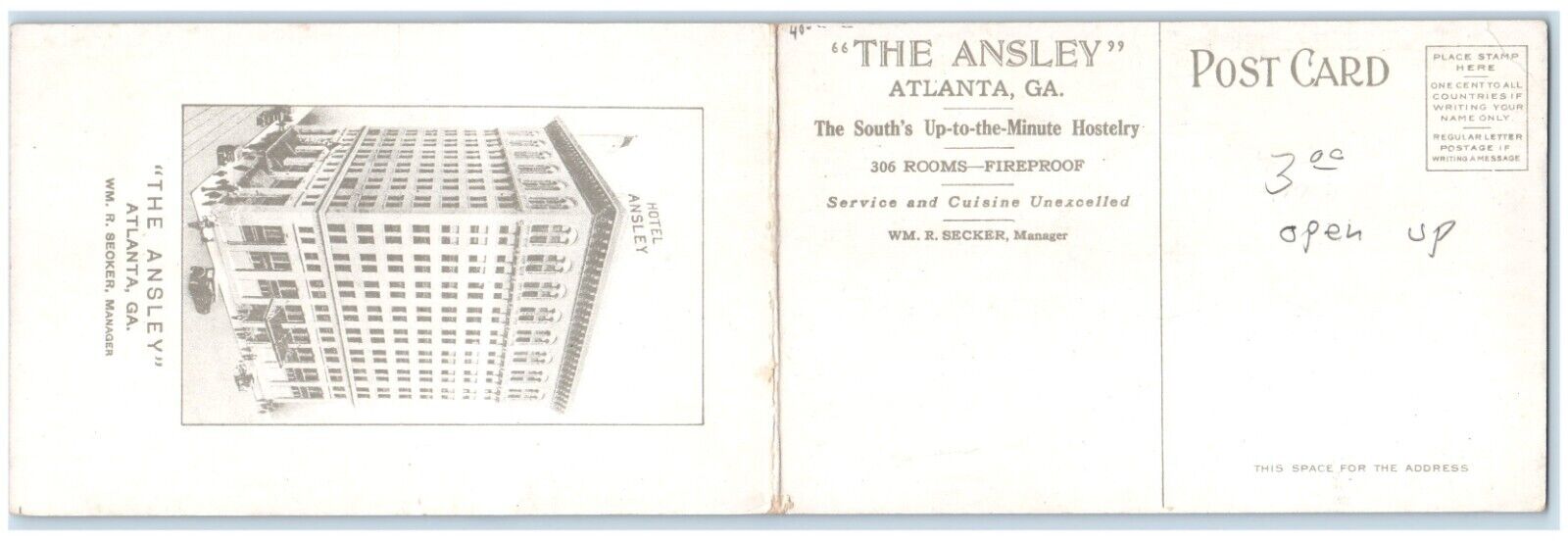 c1910's View Of Lobby Hotel Ansley Atlanta Georgia GA Fold Out Panorama Postcard