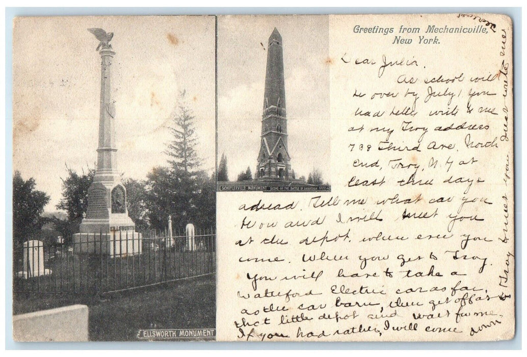 1905 Greetings From Mechanicville NY, Ellsworth Schuylerville Monument Postcard