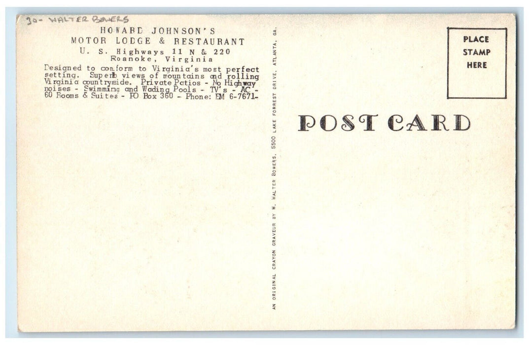 Howard Johnson's Motor Lodge & Restuarant Cars Roanoke VA Walter Bowers Postcard