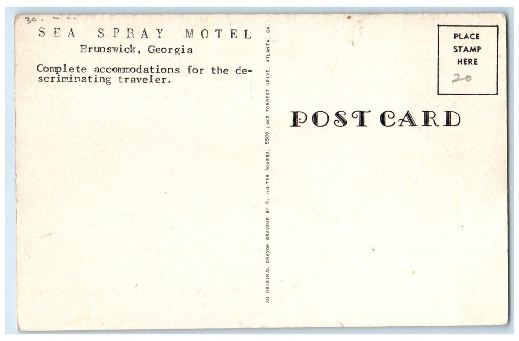 c1950's Sea Spray Motel & Restaurant Brunswick Georgia GA Walter Bowers Postcard