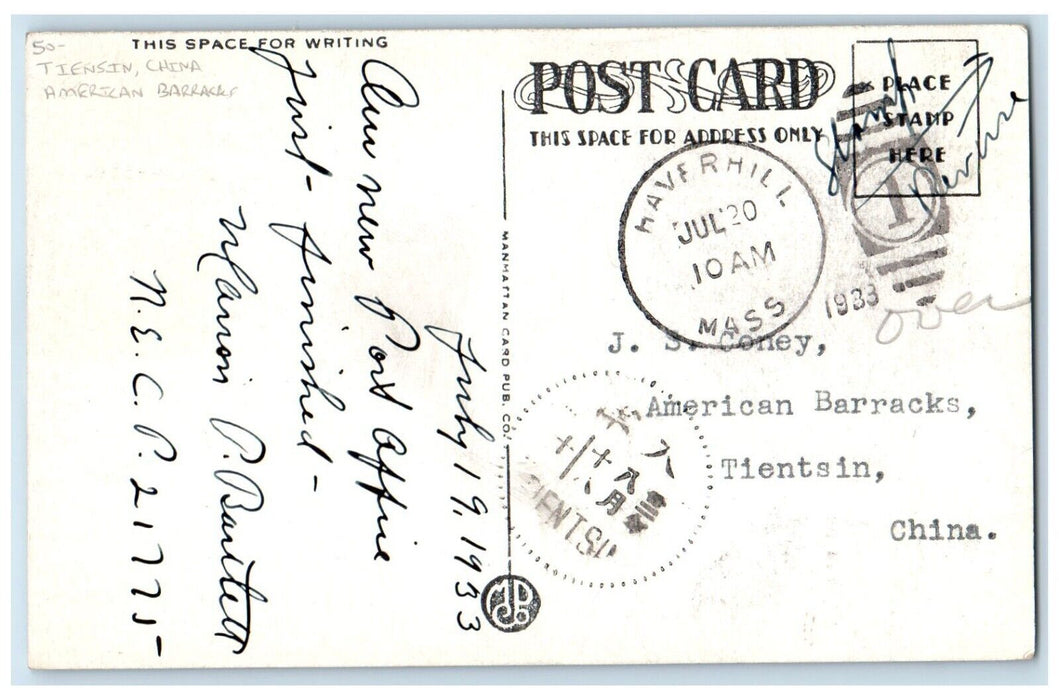 1913 Haverhill Post Office Haverhill MA Tiensin China American Barracks Postcard