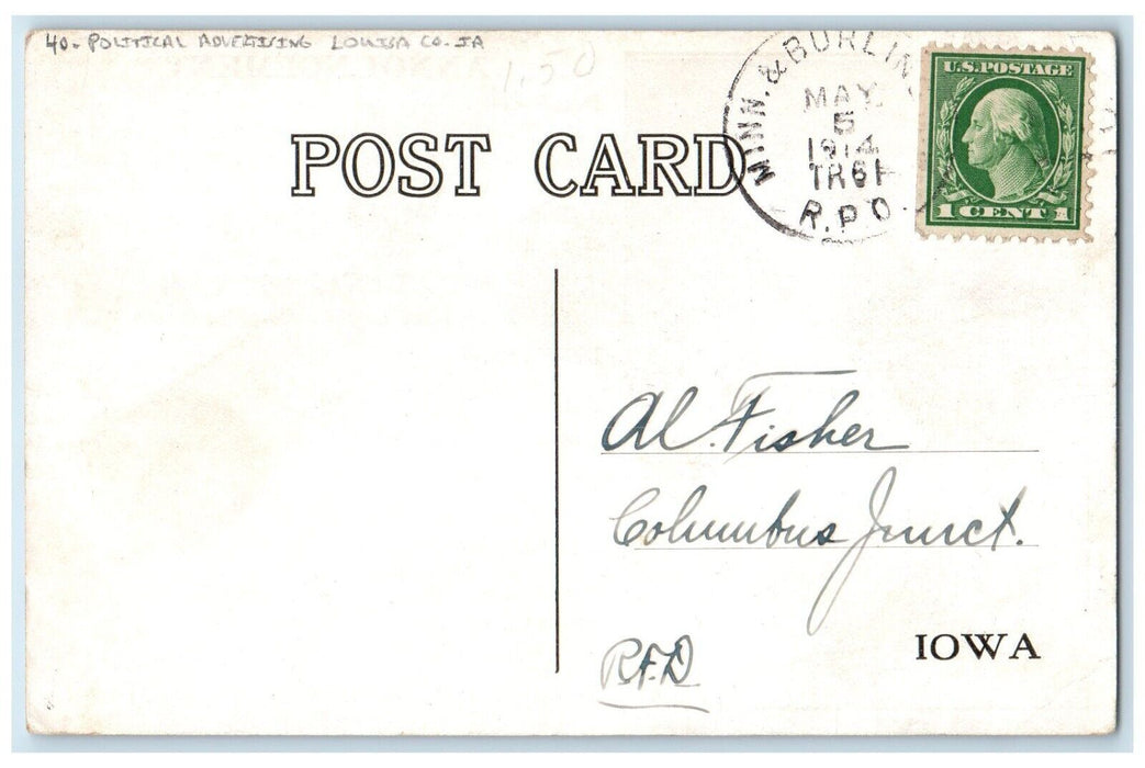 1914 Robert L. Reiley Political Advertising Louisa County Iowa IA Postcard