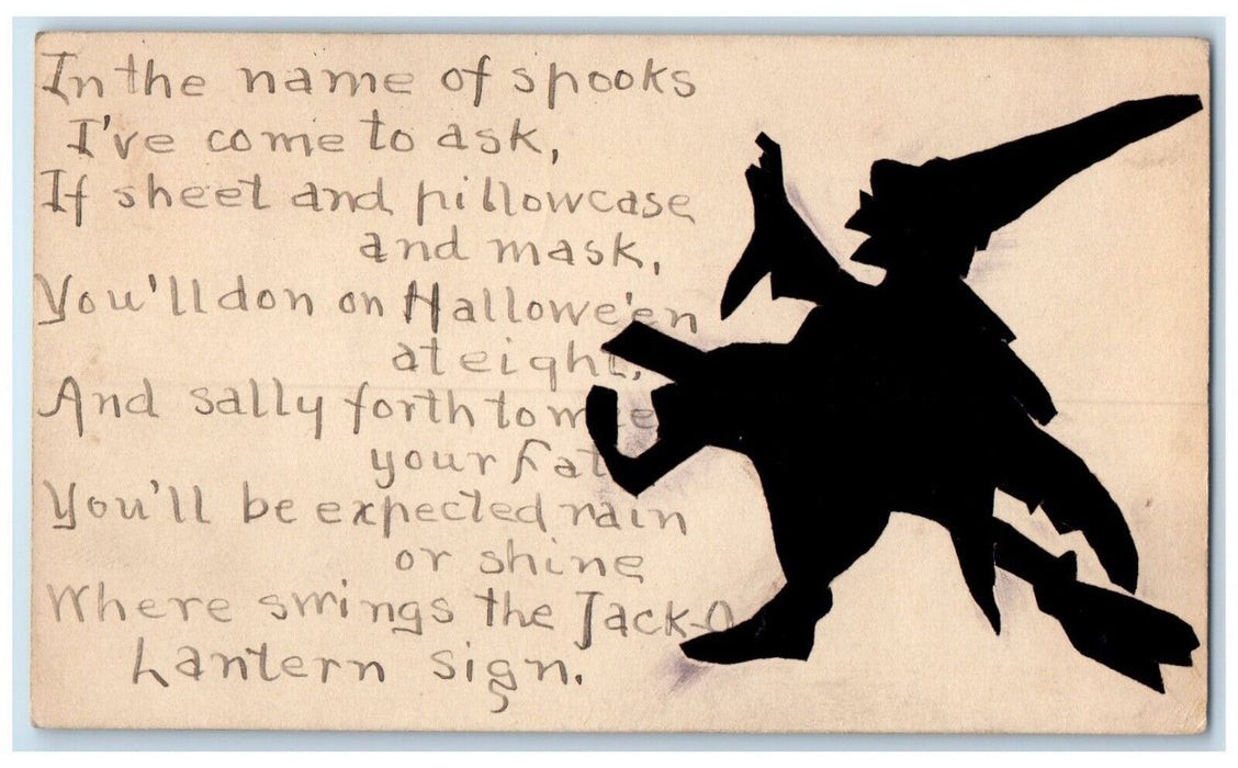 1912 Halloween Hand Cut Silhouette Folk Art Witch Postal Card Smithburg MD