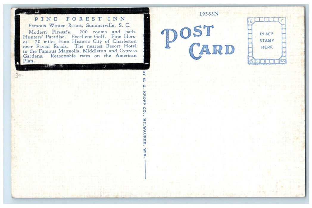 c1930's Front View Of Pine Forest Inn Summerville South Carolina SC Postcard