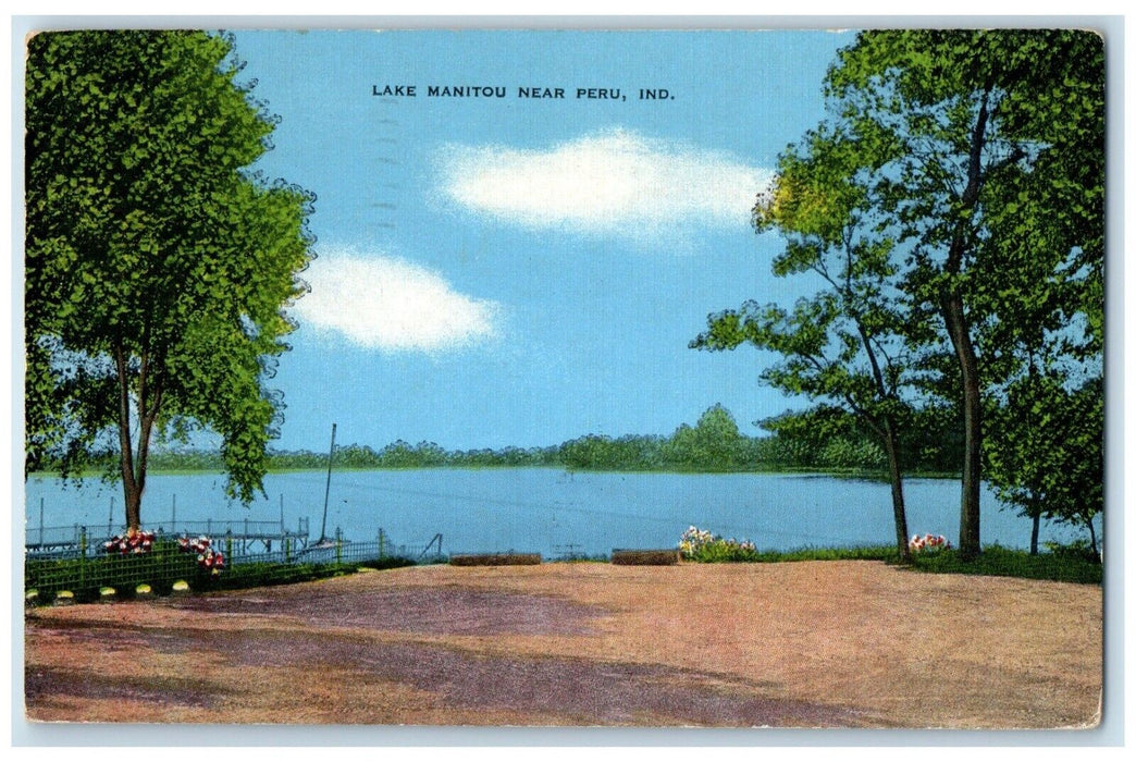 1958 Scenic View Lake Manitou Trees Flowers Peru Indiana Vintage Posted Postcard